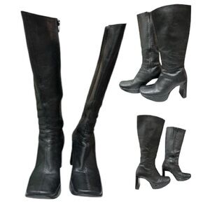 Vintage Y2K Square Toe Leather Platform Boots Cyber Minimalist Moto Punk Grunge